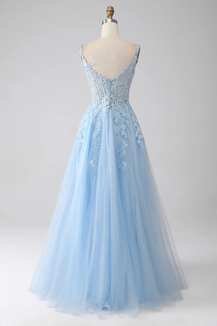 Robe Weitese trapèze bleu clair, robe de soirée, robe longue sans manches avec appliques, robe de bal